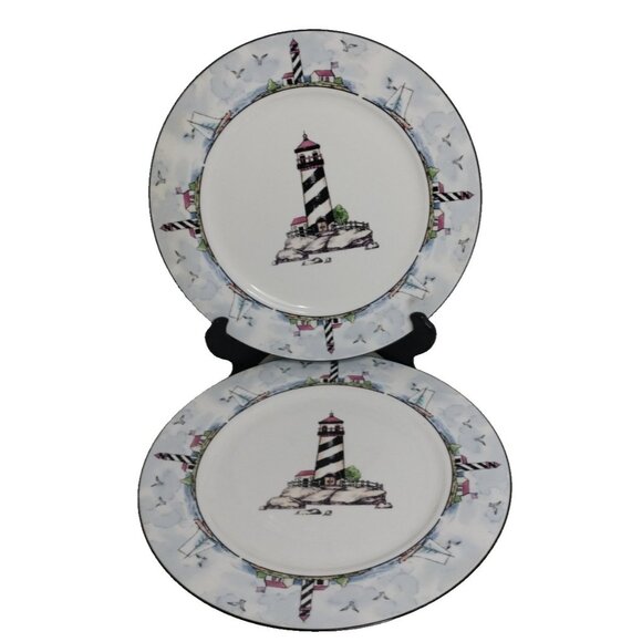 2 pc Home Trends Lighthouse Dinner Plates 10.5" dinnerware - Picture 1 of 12